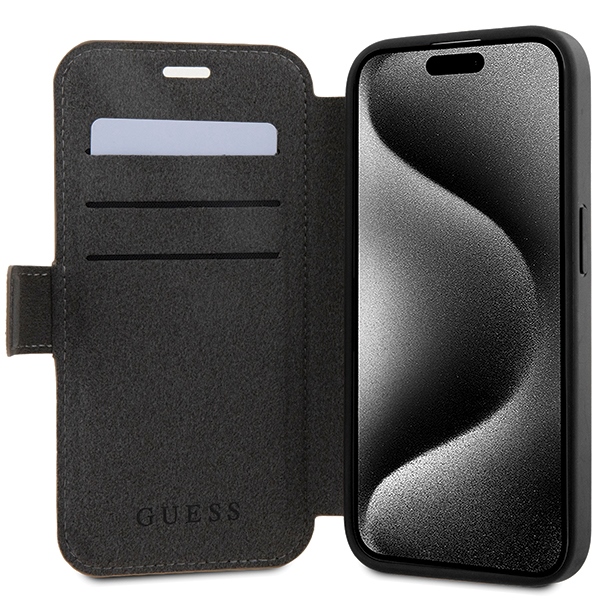 Guess 4G Metal Logo atverčiamas dėklas iPhone 15 Pro Max, rudas