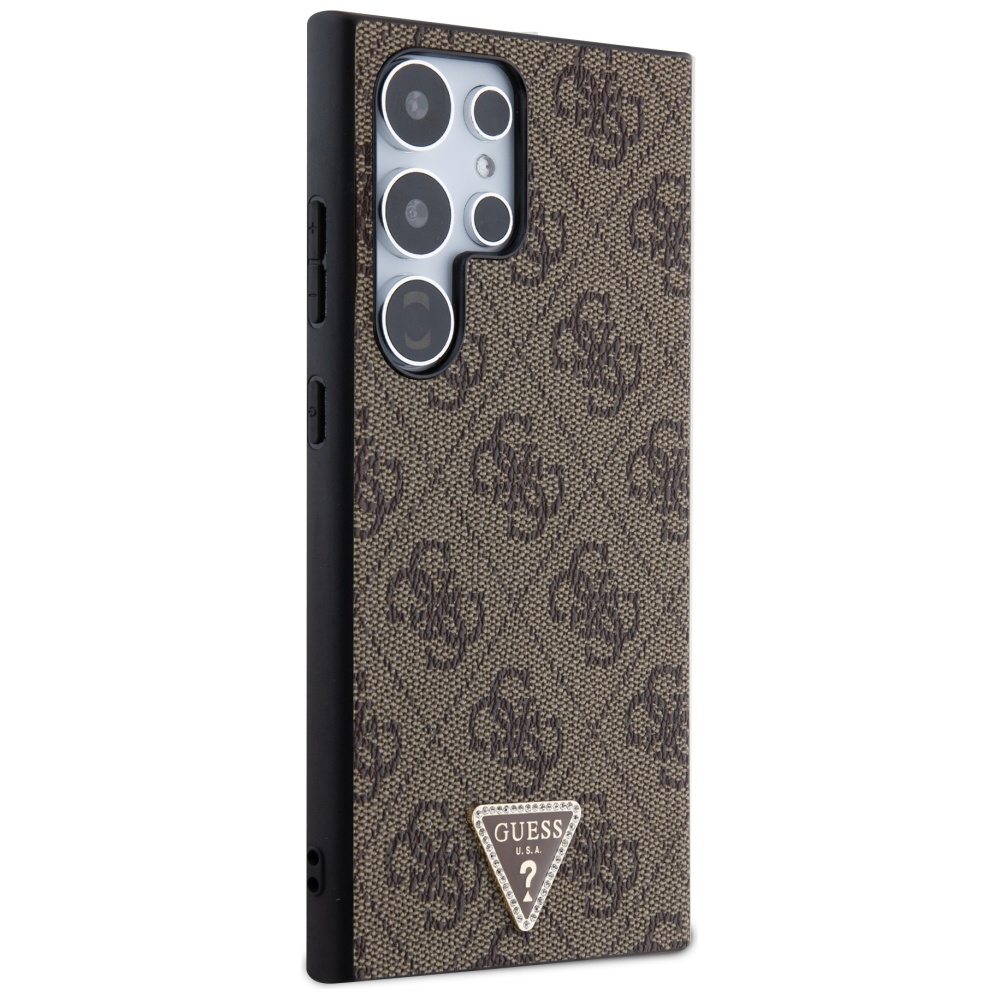 Guess Samsung Galaxy S24 Ultra dėklas Grip Stand 4G Triangle Strass, rudas