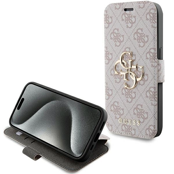 Guess 4G Metal Logo atverčiamas dėklas iPhone 15 Pro Max, rožinis