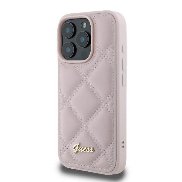 Guess dėklas iPhone 16 Pro telefonui Quilted Metal Logo, rožinis
