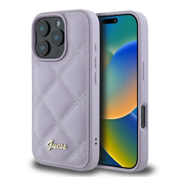 Guess dėklas iPhone 16 Pro Quilted Metal Logo, šviesiai violetinis