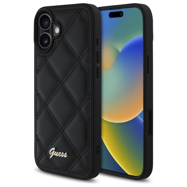 Guess dėklas iPhone 16 Plus telefonui Quilted Metal Logo, juodas