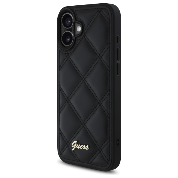 Guess dėklas iPhone 16 Plus telefonui Quilted Metal Logo, juodas