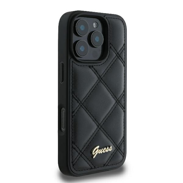 Guess Quilted Metal Logo dėklas iPhone 16 Pro Max telefonui, juodas