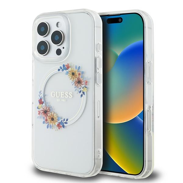 Guess dėklas iPhone 16 Pro telefonui IML Flowers Wreath MagSafe, skaidrus