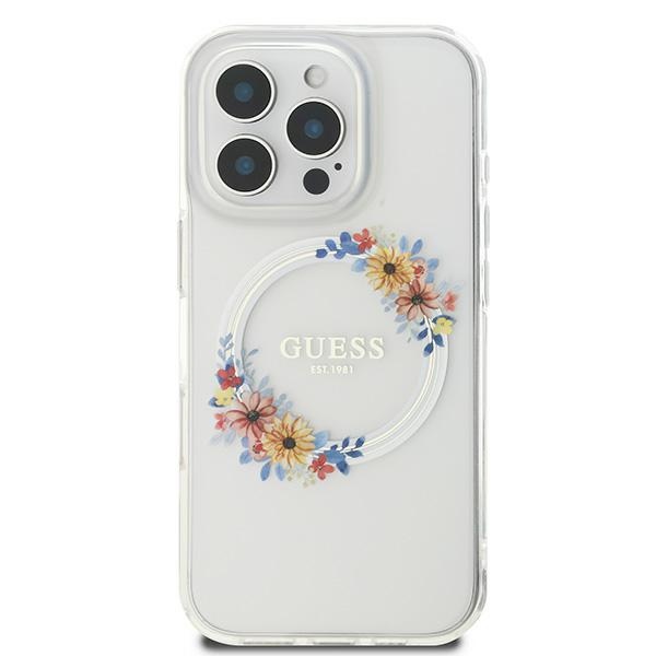 Guess dėklas iPhone 16 Pro telefonui IML Flowers Wreath MagSafe, skaidrus