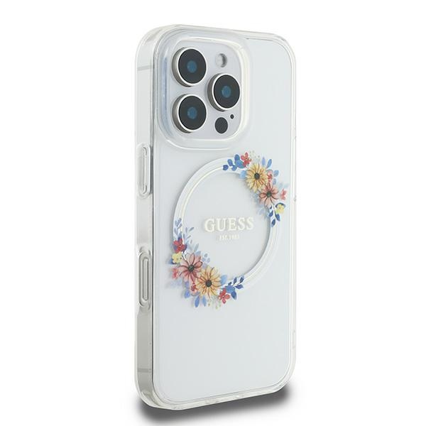 Guess dėklas iPhone 16 Pro telefonui IML Flowers Wreath MagSafe, skaidrus