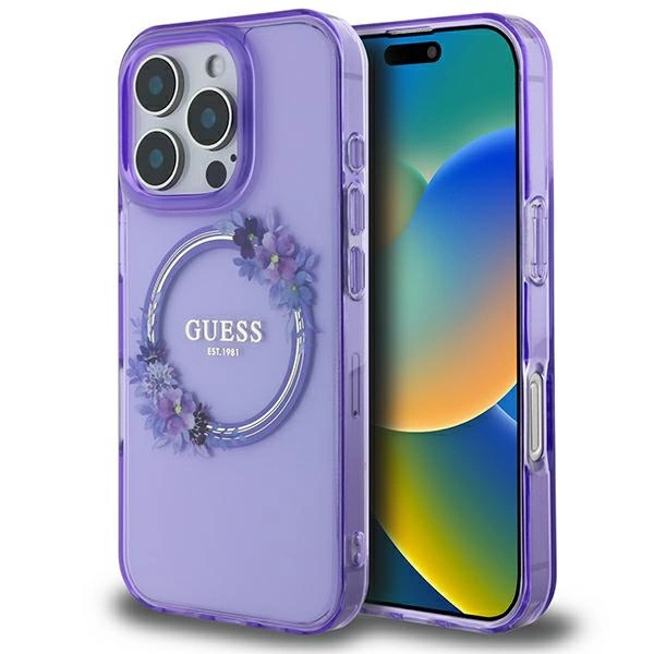 Guess IML Flowers Wreath MagSafe dėklas iPhone 16 Pro telefonui, violetinis