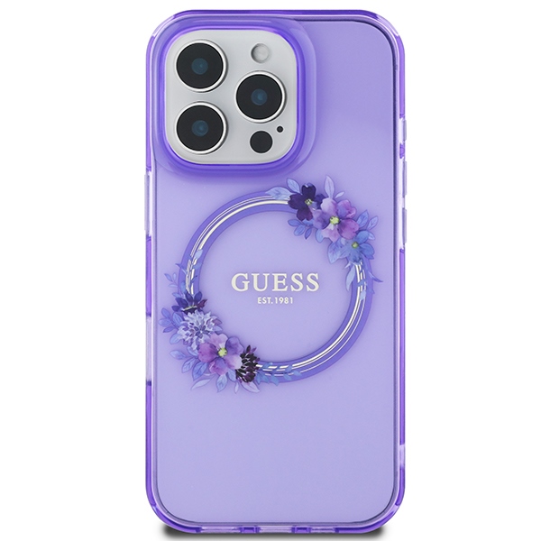 Guess IML Flowers Wreath MagSafe dėklas iPhone 16 Pro telefonui, violetinis
