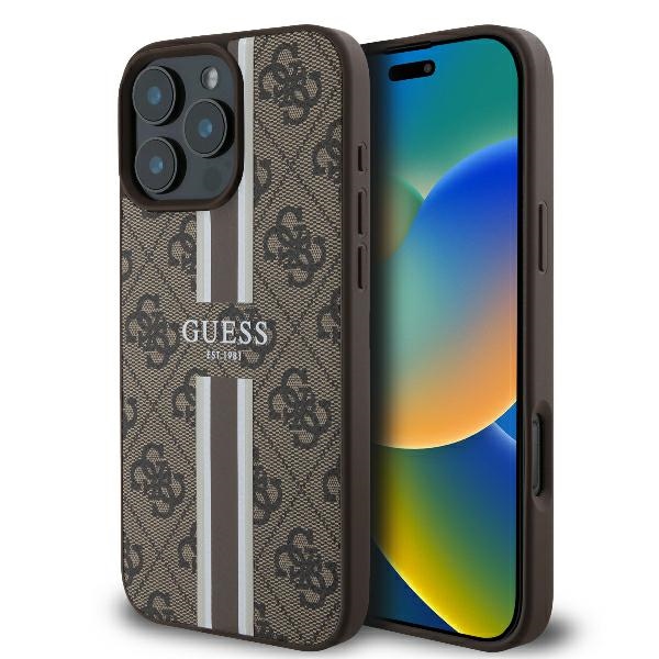 Guess dėklas iPhone 16 Pro telefonui 4G Printed Stripes MagSafe, rudas