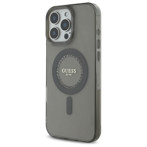 Guess dėklas iPhone 16 Pro telefonui IML Rhinestones MagSafe, juodas