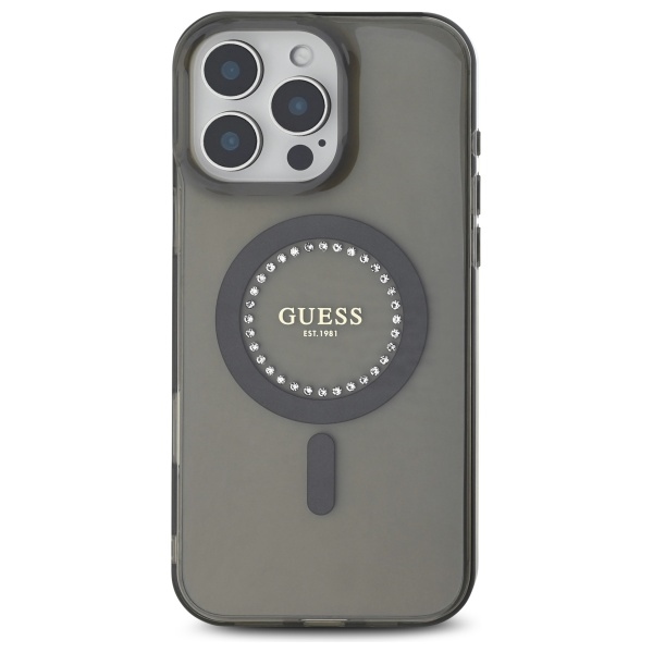 Guess dėklas iPhone 16 Pro telefonui IML Rhinestones MagSafe, juodas