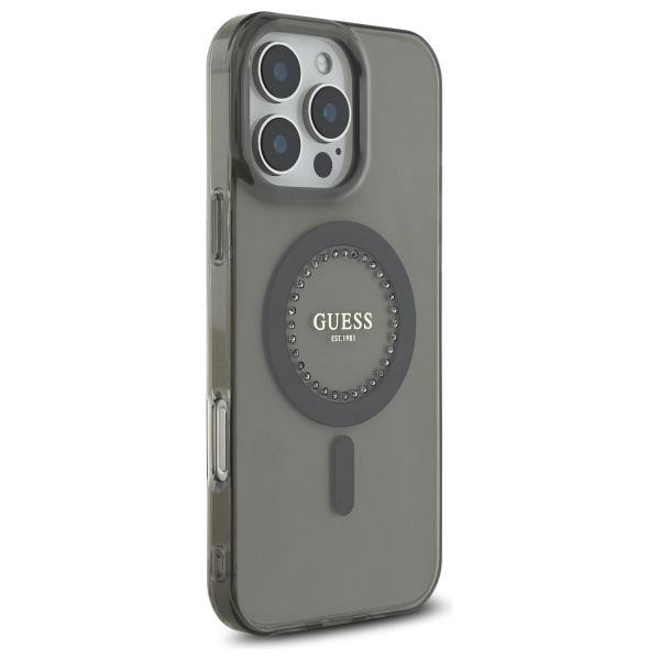 Guess dėklas iPhone 16 Pro telefonui IML Rhinestones MagSafe, juodas