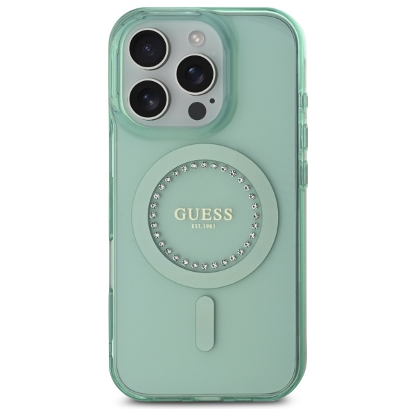 Guess dėklas iPhone 16 Pro telefonui IML Rhinestones MagSafe, žalias
