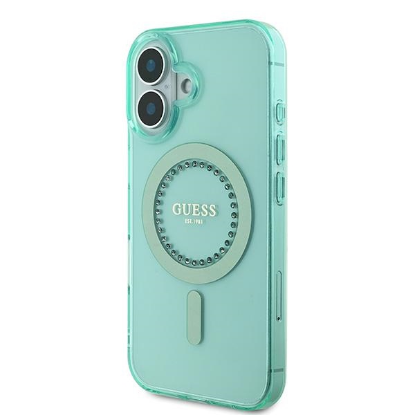 Guess dėklas iPhone 16 Plus telefonui IML Rhinestones MagSafe, žalias