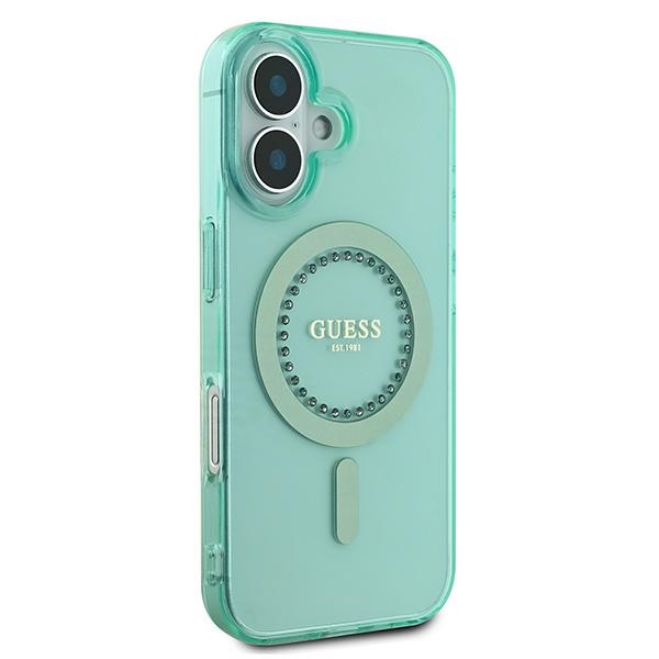 Guess dėklas iPhone 16 Plus telefonui IML Rhinestones MagSafe, žalias