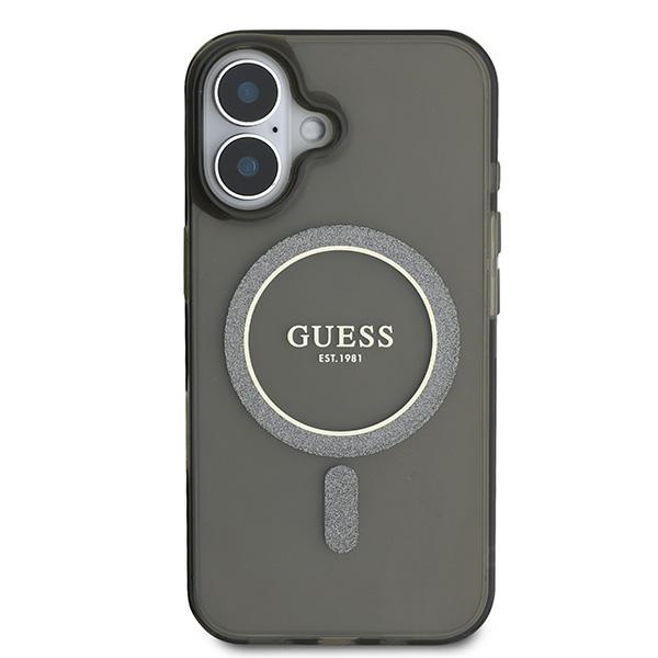 Guess dėklas iPhone 16 telefonui IML Glitter Circle MagSafe, juodas
