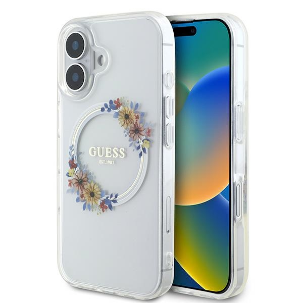Guess iPhone 16 dėklas IML Flowers Wreath MagSafe, skaidrus