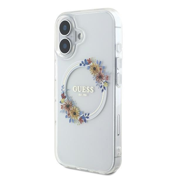 Guess iPhone 16 dėklas IML Flowers Wreath MagSafe, skaidrus