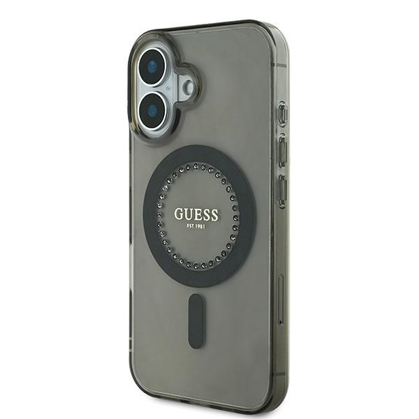 Guess dėklas iPhone 16 su IML Rhinestones MagSafe, juodas