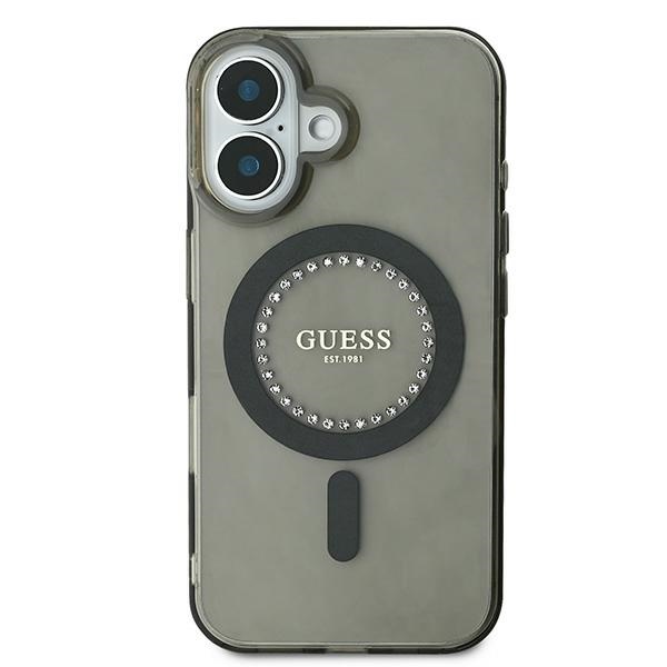 Guess dėklas iPhone 16 su IML Rhinestones MagSafe, juodas