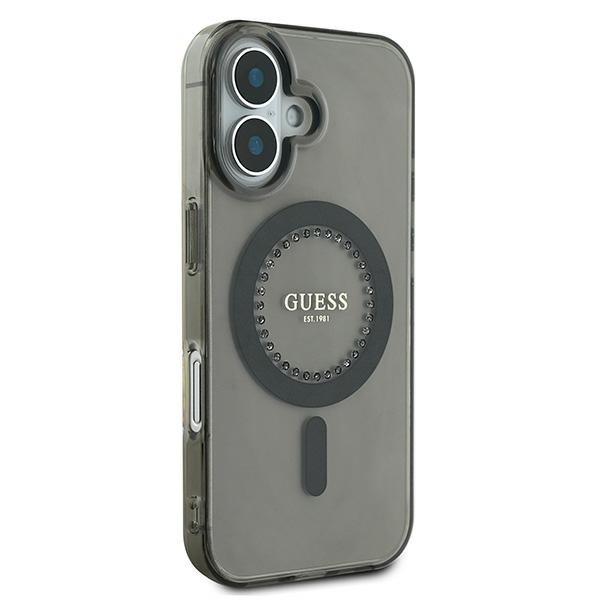 Guess dėklas iPhone 16 su IML Rhinestones MagSafe, juodas