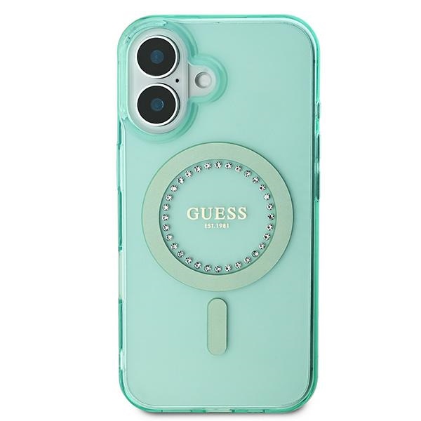Guess dėklas iPhone 16 telefonui IML Rhinestones MagSafe, žalias