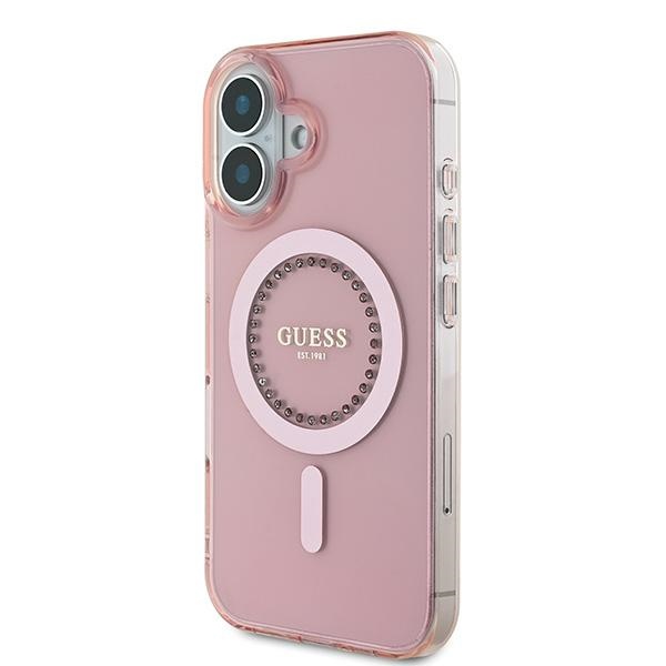 Guess dėklas iPhone 16 telefonui IML Rhinestones MagSafe, rožinis