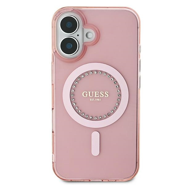 Guess dėklas iPhone 16 telefonui IML Rhinestones MagSafe, rožinis