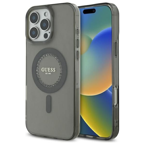 Guess dėklas iPhone 16 Pro Max telefonui IML Rhinestones MagSafe, juodas