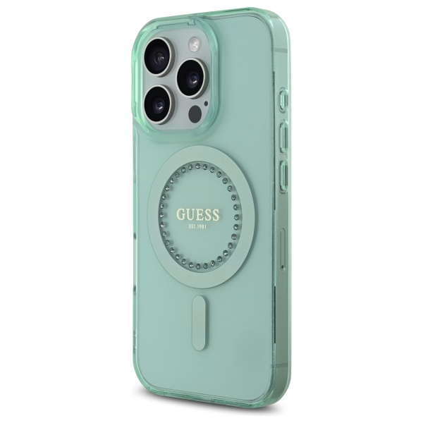 Guess dėklas iPhone 16 Pro Max su IML Rhinestones MagSafe, žalias