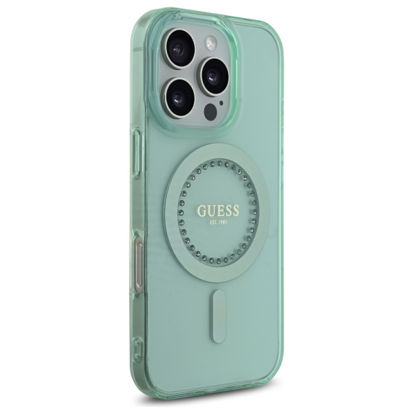 Guess dėklas iPhone 16 Pro Max su IML Rhinestones MagSafe, žalias