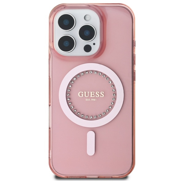 Guess dėklas iPhone 16 Pro Max IML Rhinestones MagSafe, rožinis