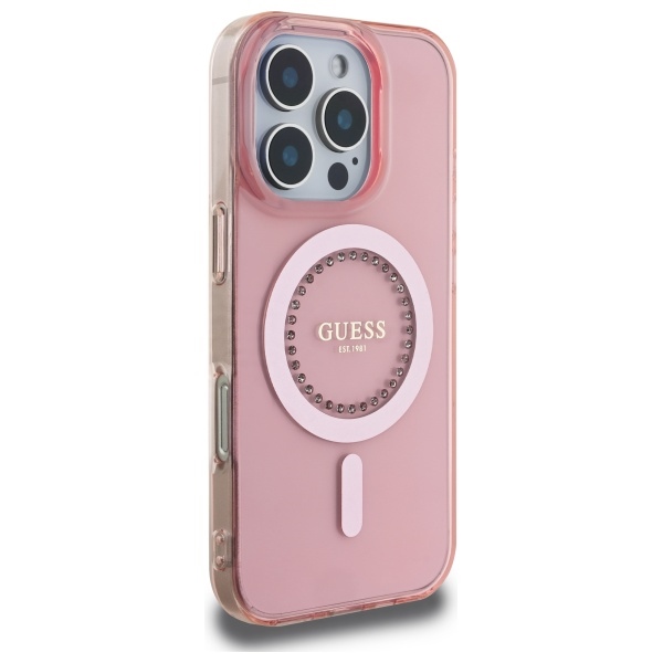 Guess dėklas iPhone 16 Pro Max IML Rhinestones MagSafe, rožinis