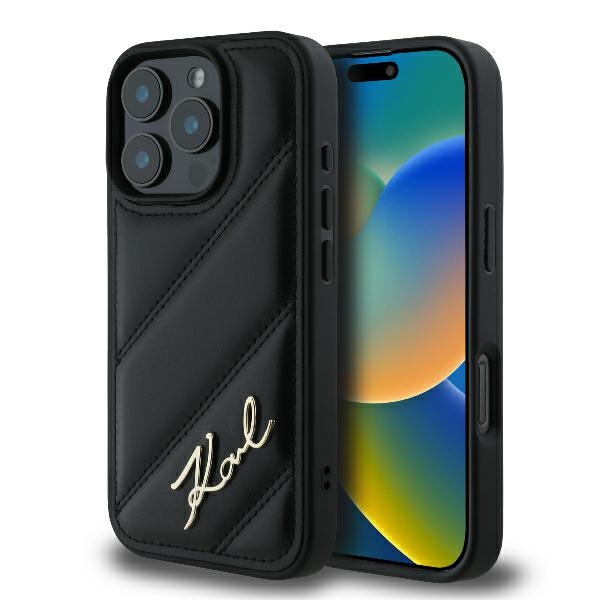 Karl Lagerfeld iPhone 16 Pro Case Diagonal Quilted Script, Black