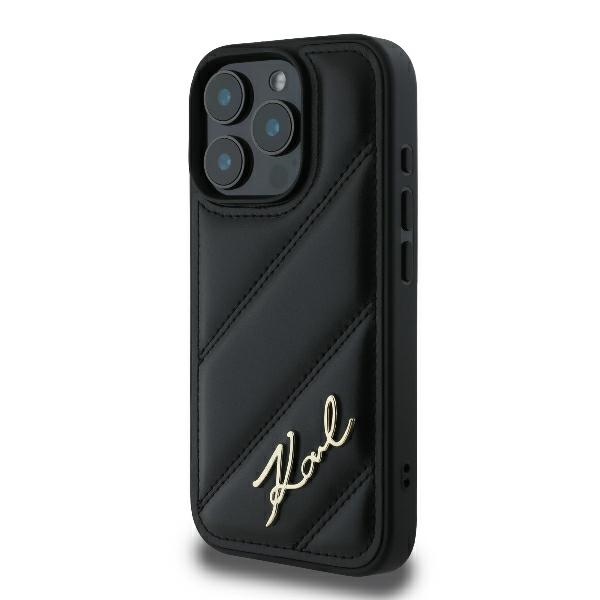 Karl Lagerfeld dėklas iPhone 16 Pro telefonui Diagonal Quilted Script, juodas