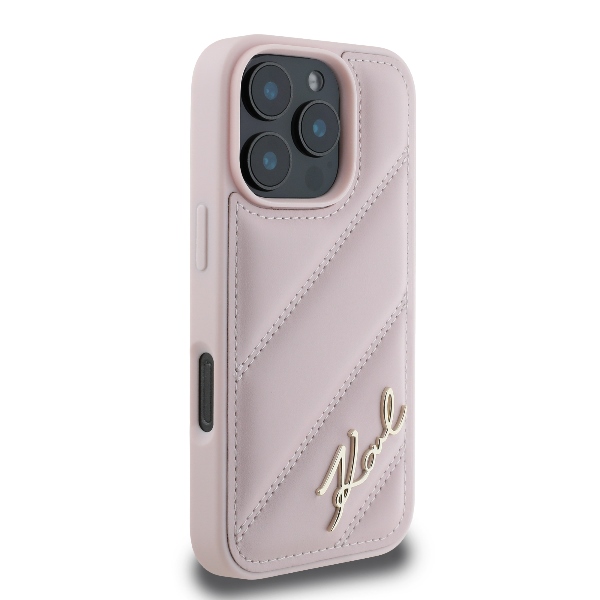 Karl Lagerfeld dėklas iPhone 16 Pro telefonui Diagonal Quilted Script, rožinis