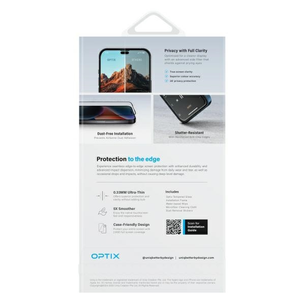 UNIQ Optix Privacy tempered glass with privacy applicator for iPhone 16