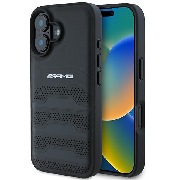 Mercedes-Benz iPhone 16 dėklas AMG Leather Debossed Lines, juodas