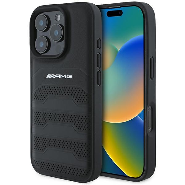 Mercedes-Benz iPhone 16 Pro Max dėklas AMG Leather Debossed Lines, juodas