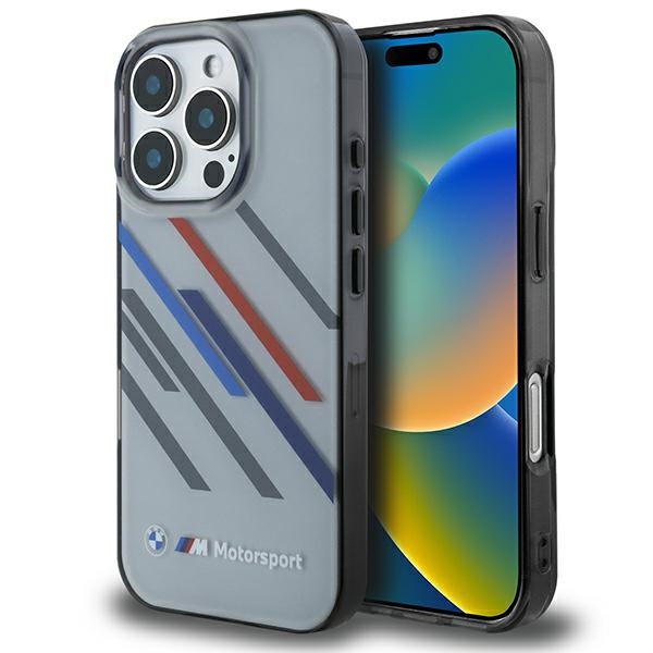 BMW dėklas skirtas iPhone 16 Pro Motorsport IML Random Stripes, pilkas