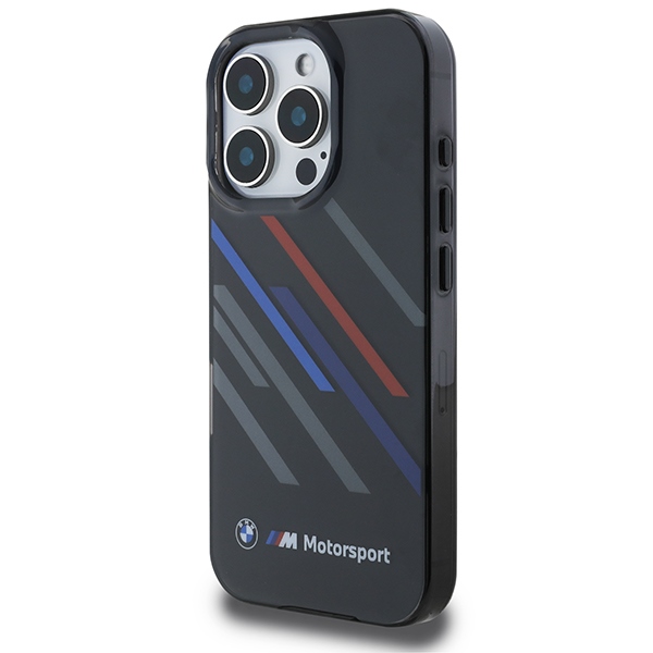 BMW dėklas iPhone 16 Pro telefonui Motorsport IML Random Stripes, juodas