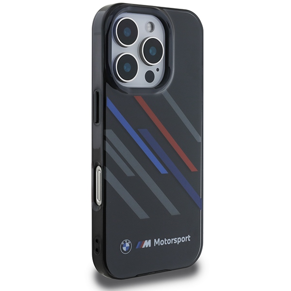 BMW dėklas iPhone 16 Pro telefonui Motorsport IML Random Stripes, juodas