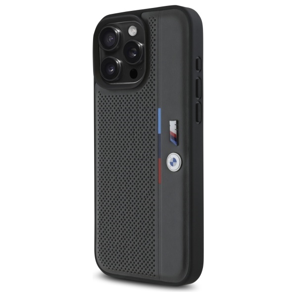 BMW dėklas iPhone 16 Pro telefonui M Perforated Tricolor Detail Line, tamsiai pilkas