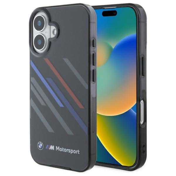 BMW dėklas iPhone 16 Plus telefonui Motorsport IML Random Stripes, juodas
