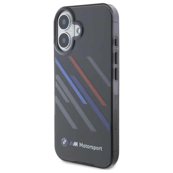 BMW dėklas iPhone 16 Plus telefonui Motorsport IML Random Stripes, juodas