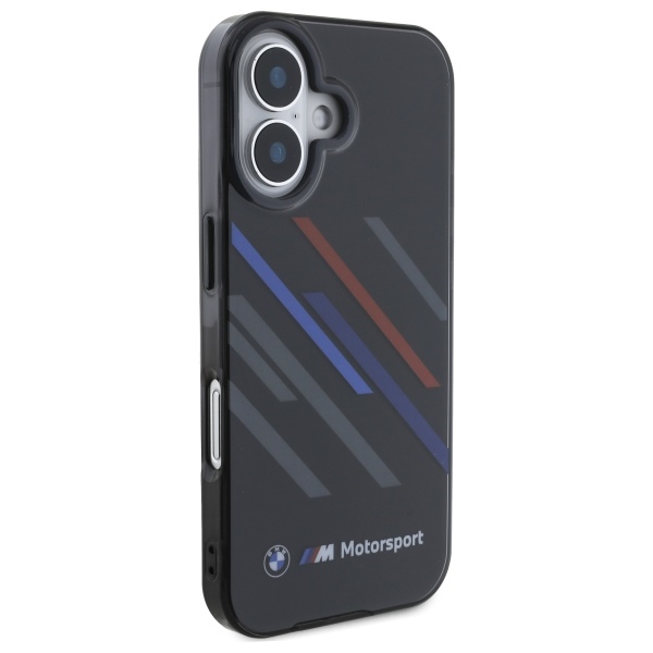 BMW dėklas iPhone 16 Plus telefonui Motorsport IML Random Stripes, juodas