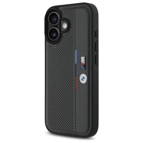 BMW dėklas skirtas iPhone 16, M Perforated Tricolor Detail Line, pilkas