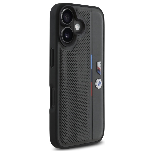 BMW dėklas skirtas iPhone 16, M Perforated Tricolor Detail Line, pilkas