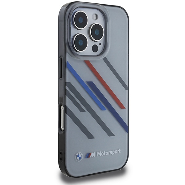 BMW Motorsport IML Random Stripes dėklas, skirtas iPhone 16 Pro Max, pilkas